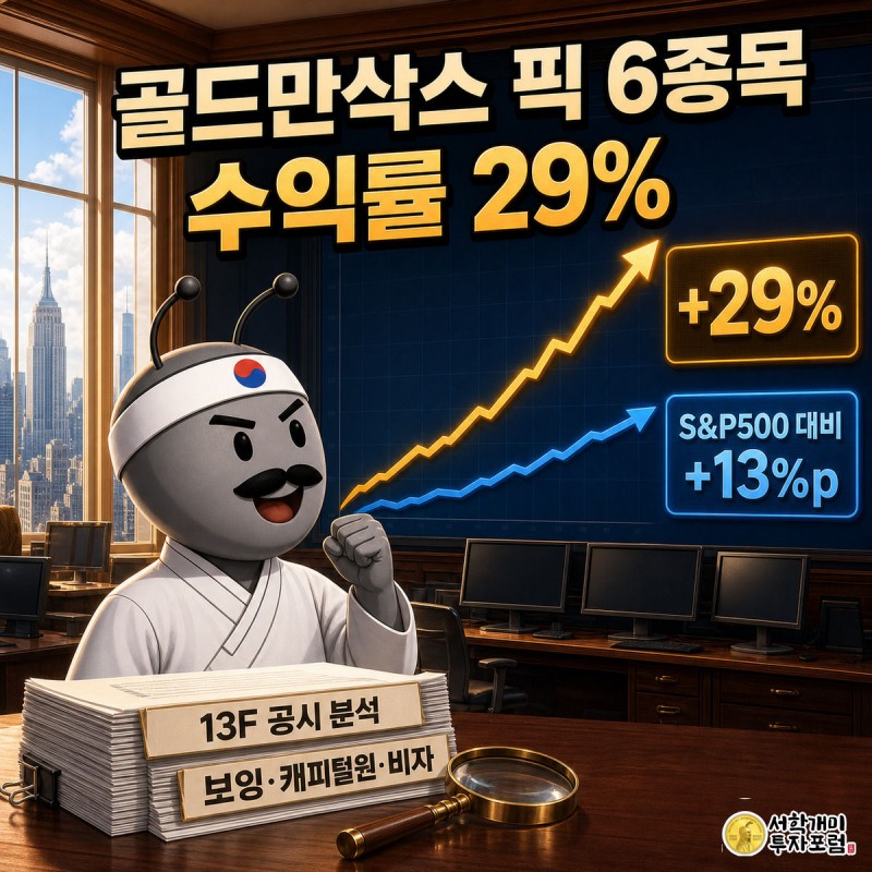 월스트리트 트레이딩 플로어에서 개미가 상승하는 두 그래프와 +29%, S&P500 대비 +13%p 배지가 뜬 대형 스크린을 보며 주먹을 들어올리는 모습