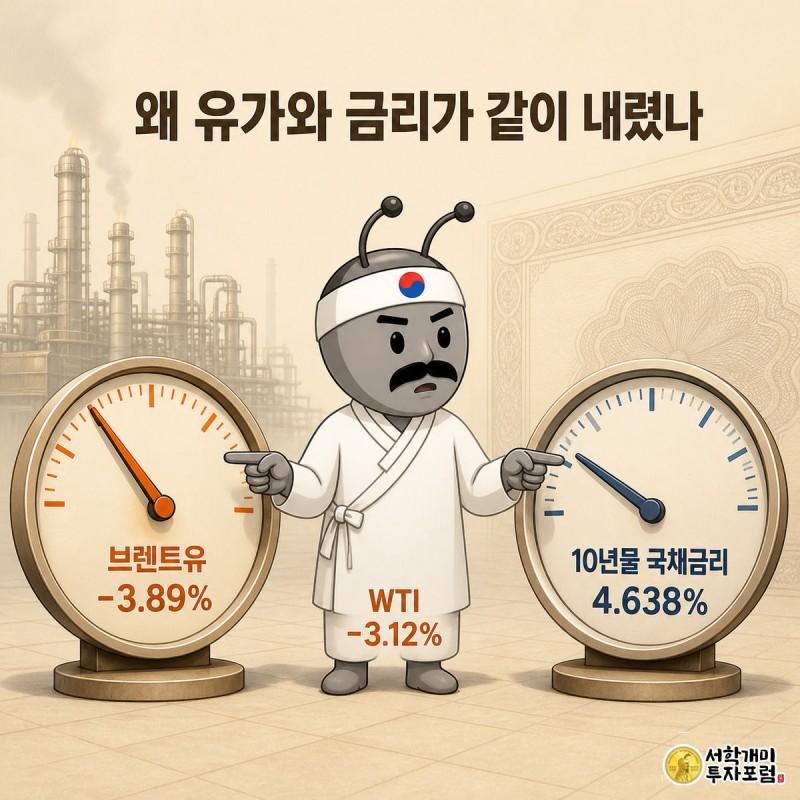 개미 캐릭터가 유가 게이지와 금리 게이지의 바늘이 함께 아래로 내려가는 것을 양손으로 가리키며 확인하는 모습을 그린 일러스트.