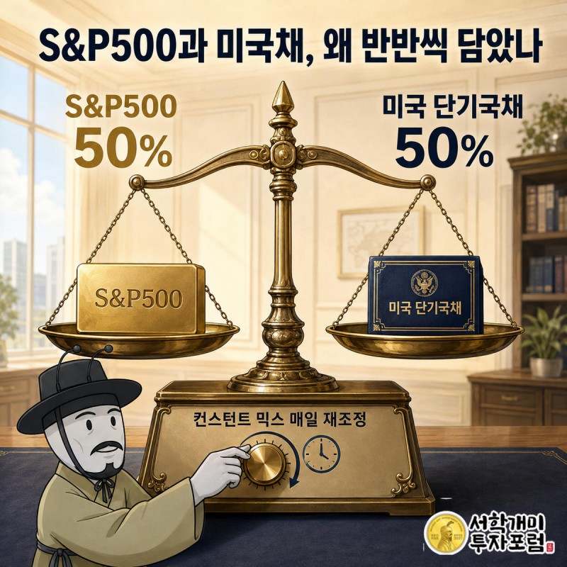 양팔저울이 S&P500 블록과 미국 단기국채 블록을 50대50으로 균형 잡고 개미가 재조정 다이얼을 돌리는 모습
