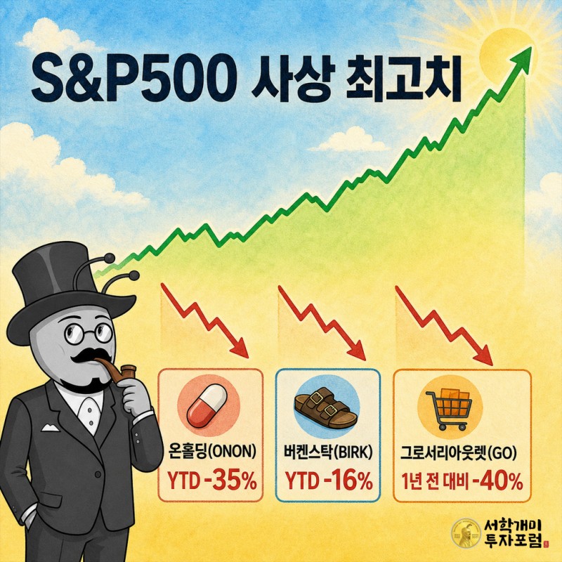 상승하는 S&P500 곡선 위에 선 황소 캐릭터와 대조적으로 하락 화살표 위에서 축 처진 세 캐릭터가 각각 온홀딩, 그로서리아웃렛, 버켄스탁 티커 카드를 든 컬러 표지 이미지