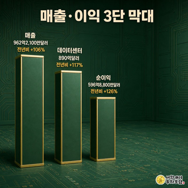 엔비디아 매출 106% 폭증에도 하락 — 답은 마진 74% 한 줄이다 — 매출·이익 3단 막대(매출/데이터센터/순이익, 전년비 라벨)