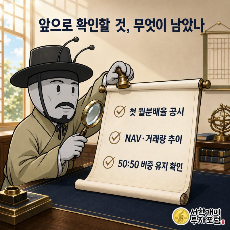 양반개미가 돋보기를 들고 체크리스트의 월분배율·NAV·비중유지 항목에 도장을 찍는 모습