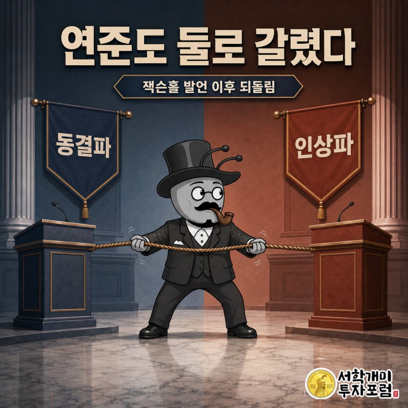 금리동결을 주장하는 서민개미와 금리인상을 주장하는 부자개미가 밧줄을 사이에 두고 대치하는 장면