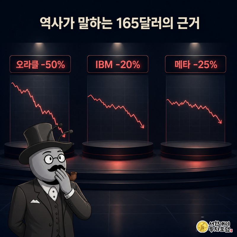 오라클, IBM, 메타의 과거 실적 발표 후 하락 곡선이 나란히 놓인 세 개의 작은 무대를 개미가 놀란 표정으로 바라보는 이미지