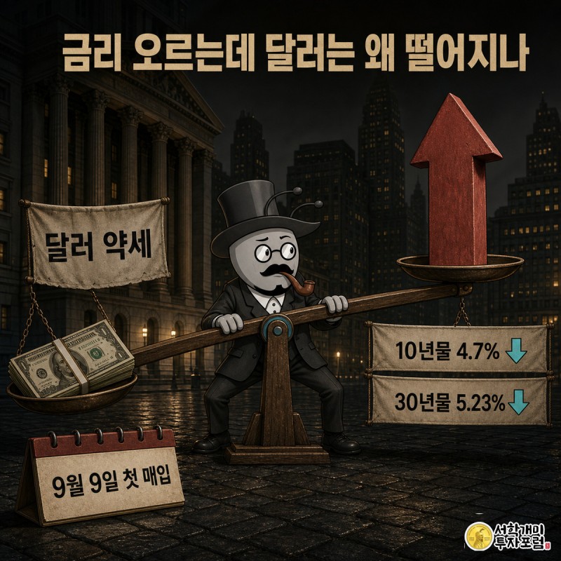 비정상적으로 기울어진 저울 위에서 한쪽은 오르는 금리 화살표, 다른 쪽은 가라앉는 달러 지폐를 놓고 개미가 당혹스러운 표정으로 균형을 잡으려는 모습.