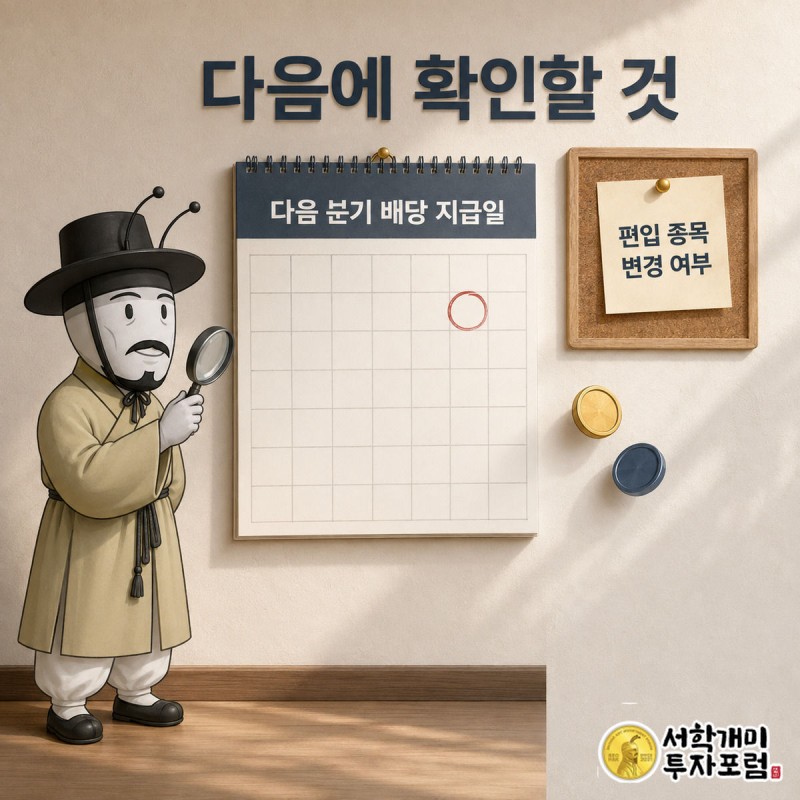 부자개미가 다음 분기 배당 지급일에 동그라미가 쳐진 달력을 돋보기로 확인하는 모습
