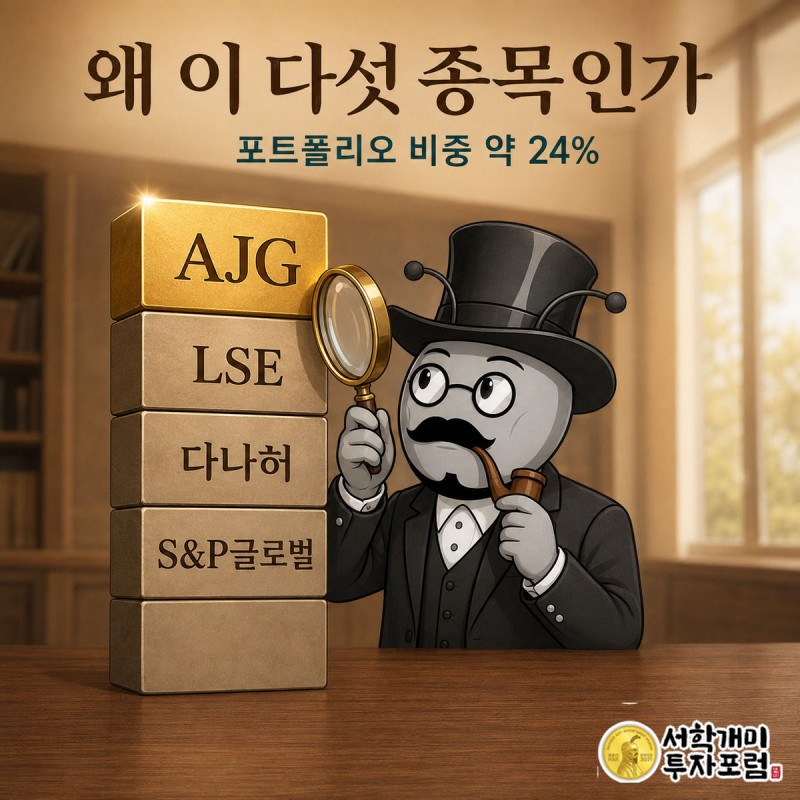 다섯 개의 포트폴리오 블록 탑에서 AJG 블록만 골드로 빛나고 부자개미가 돋보기로 살펴보는 일러스트