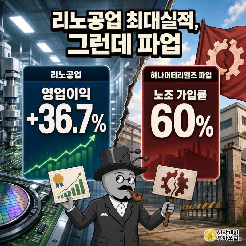 왼쪽은 실적 그래프를 들고 웃는 개미, 오른쪽은 피켓라인에서 항의하는 개미가 대각선으로 마주한 반도체 소부장 파업 삽화