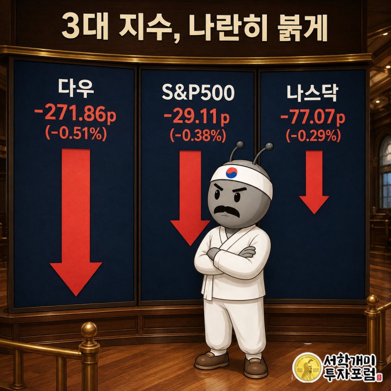 다우·S&P500·나스닥 세 스크린에 낙폭에 비례한 붉은 하강 화살표가 꽂혀 있고 부자개미가 팔짱을 낀 채 낭패한 표정으로 바라본다