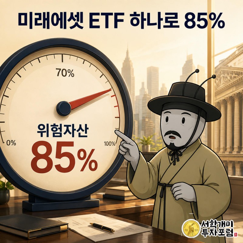 게이지 바늘이 정상 한도 70%를 넘어 위험구간 85%를 가리키고 부자개미가 놀라며 파이프로 그 지점을 가리키는 모습