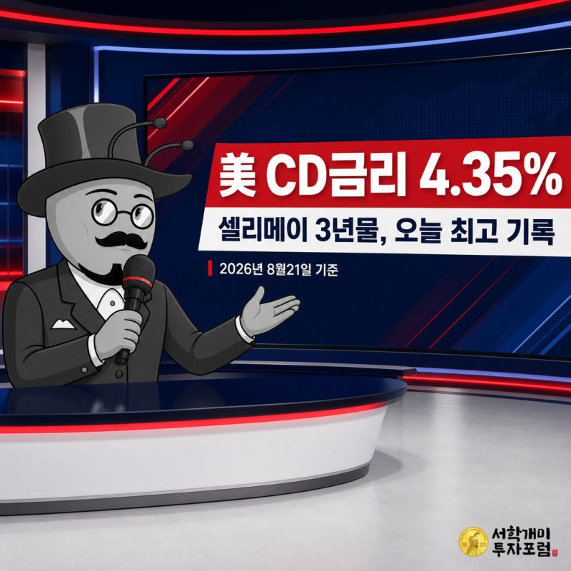 뉴스룸 앵커석에서 개미 기자가 마이크를 들고 셀리메이 3년물 CD 금리 4.35%를 가리키는 브리핑 커버 이미지