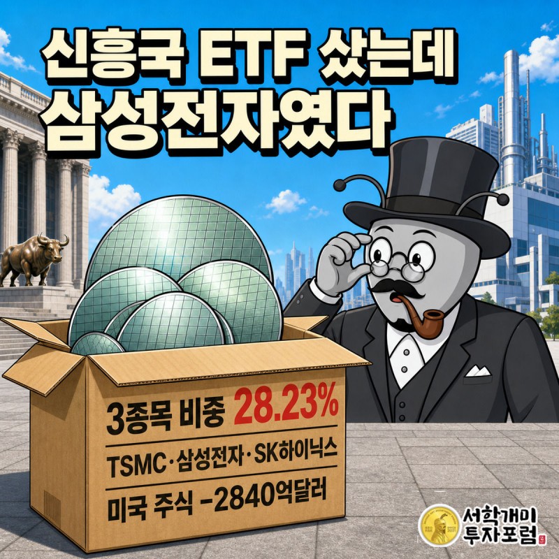 부자개미가 신흥국 ETF 상자를 열자 안에서 TSMC·삼성전자·SK하이닉스라고 적힌 반도체 웨이퍼가 쏟아져 나와 놀라는 모습을 그린 일러스트