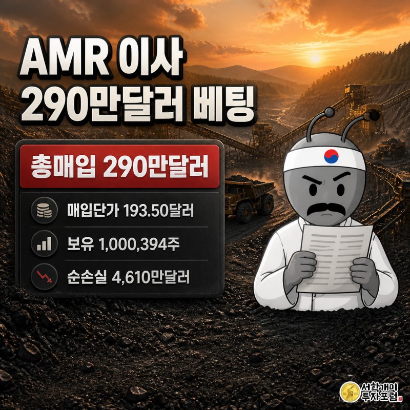 탄광을 배경으로 개미가 SEC 폼4 서류를 들고 의심스러운 표정으로 '총매입 290만달러' 수치 배지를 바라보는 장면