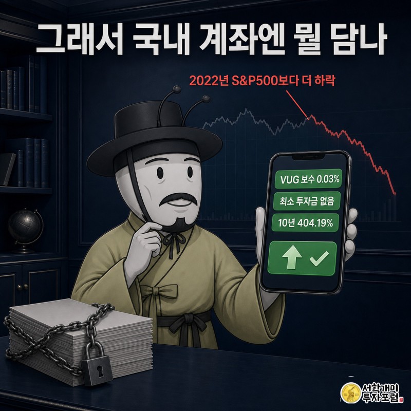 개미가 자물쇠 걸린 VIGAX 서류와 열려 있는 VUG 매수 화면을 양손에 들고 저울질하는 이미지