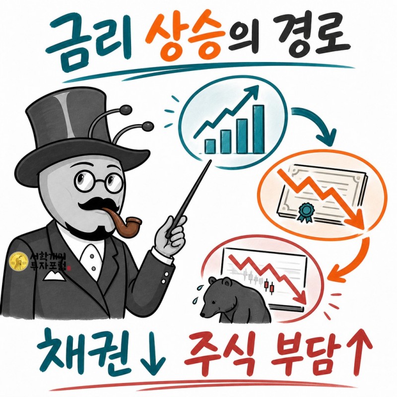 금리 상승이 채권 가격과 주식에 미치는 경로를 설명하는 서학개미 기자