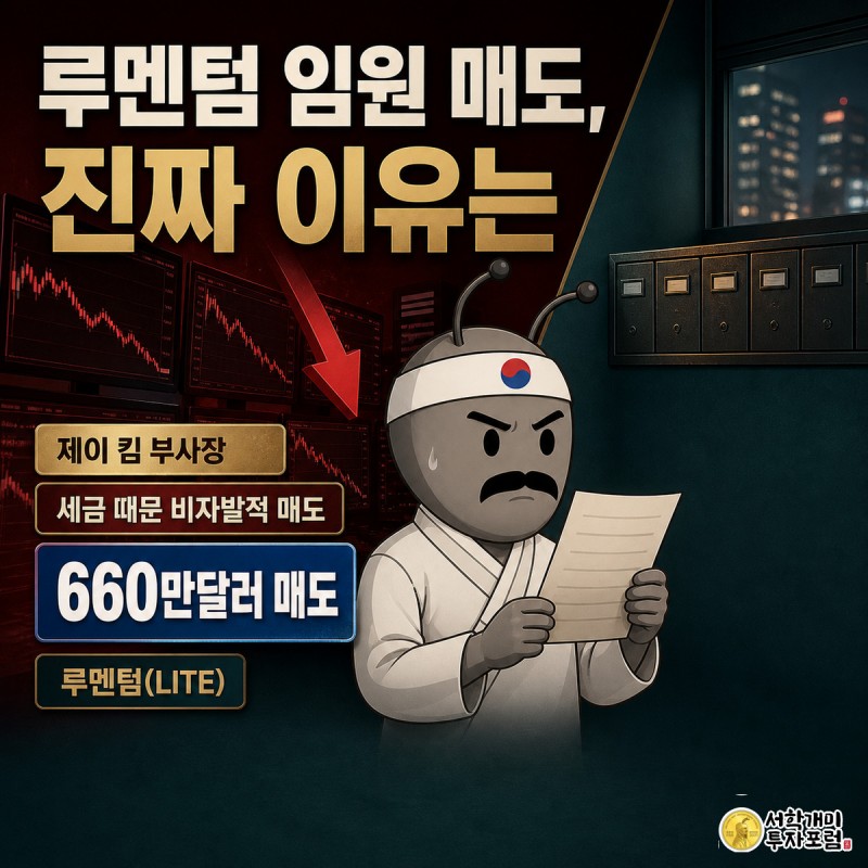 루멘텀 법무총괄 제이 킴의 660만달러 주식 매도를 놀란 표정과 세금 서류를 든 득의양양한 표정으로 대비해 보여주는 일러스트