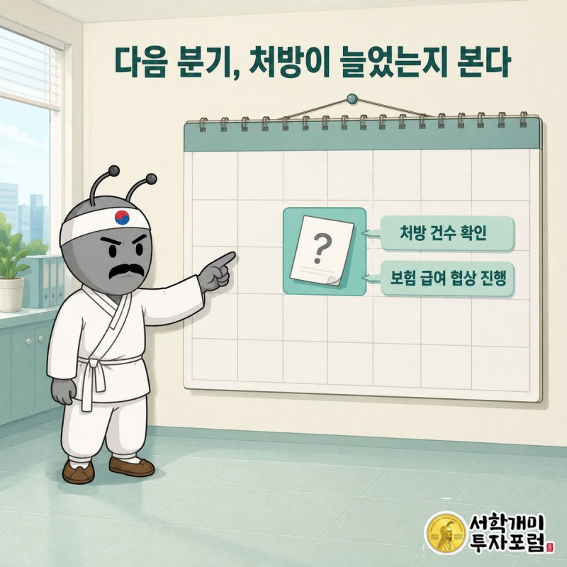 서민개미가 다음 분기 달력 칸에서 처방 건수와 보험 급여 협상 진행 상황을 확인하는 그림