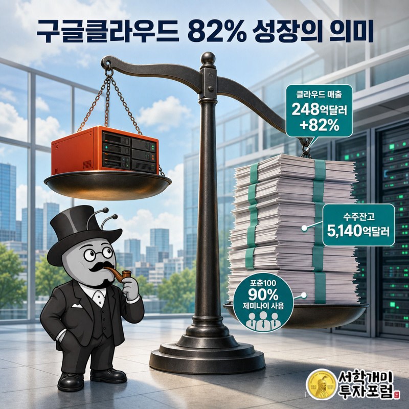 저울 왼쪽엔 AMD 서버 박스, 오른쪽엔 알파벳 계약서 더미가 무겁게 기울어져 있고 부자개미가 그 아래서 고개를 갸웃하며 저울을 올려다보고 있다.