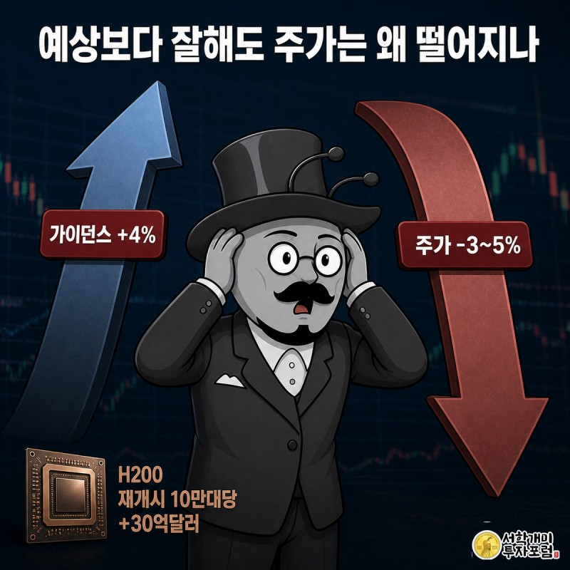 위로 솟은 '가이던스 +4%' 화살표와 아래로 꺾인 '주가 -3~5%' 화살표 사이에서 개미가 두 손으로 머리를 감싸며 당혹스러워하는 장면.
