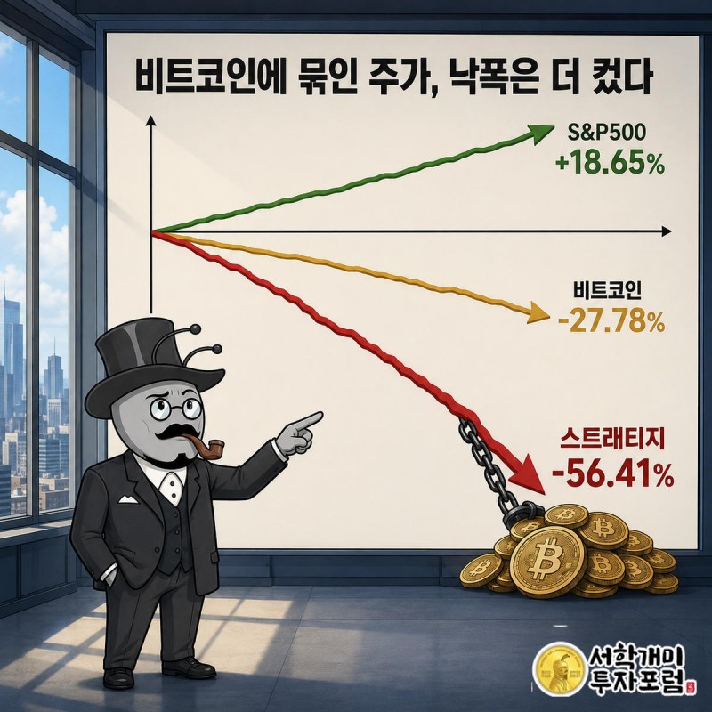 부자개미가 스트래티지·비트코인·S&P500 세 선이 벌어지는 그래프를 짚으며 의심스러운 표정을 짓는 정보 일러스트