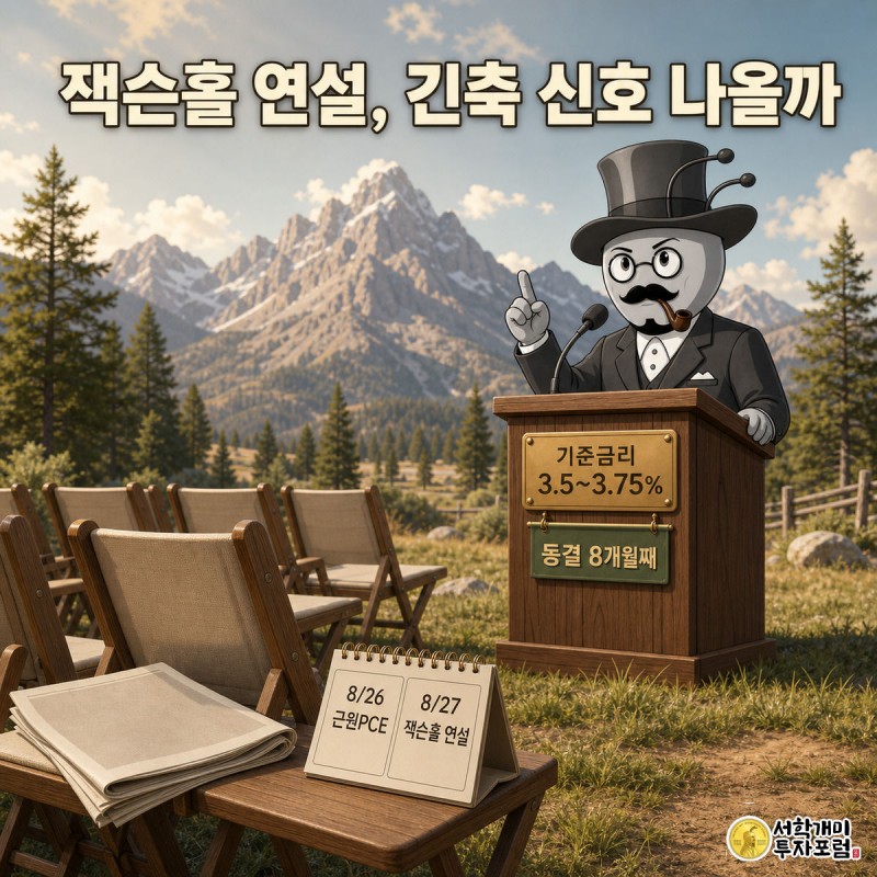 잭슨홀 야외 연단에서 연준 의장 개미가 긴축 발언을 하고, 청중석의 투자자 개미가 초조하게 지켜보는 장면