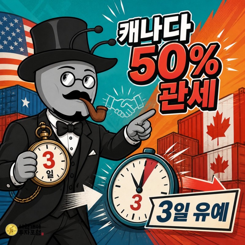 캐나다산 제품 50% 관세의 3일 유예를 설명하는 서학개미 기자