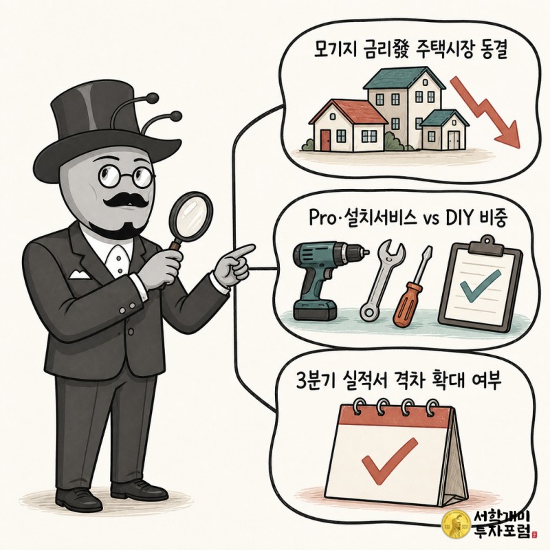 모기지 금리發 주택시장 동결과 Pro·설치서비스·DIY 비중, 3분기 실적서 확인점을 설명하는 서학개미 기자