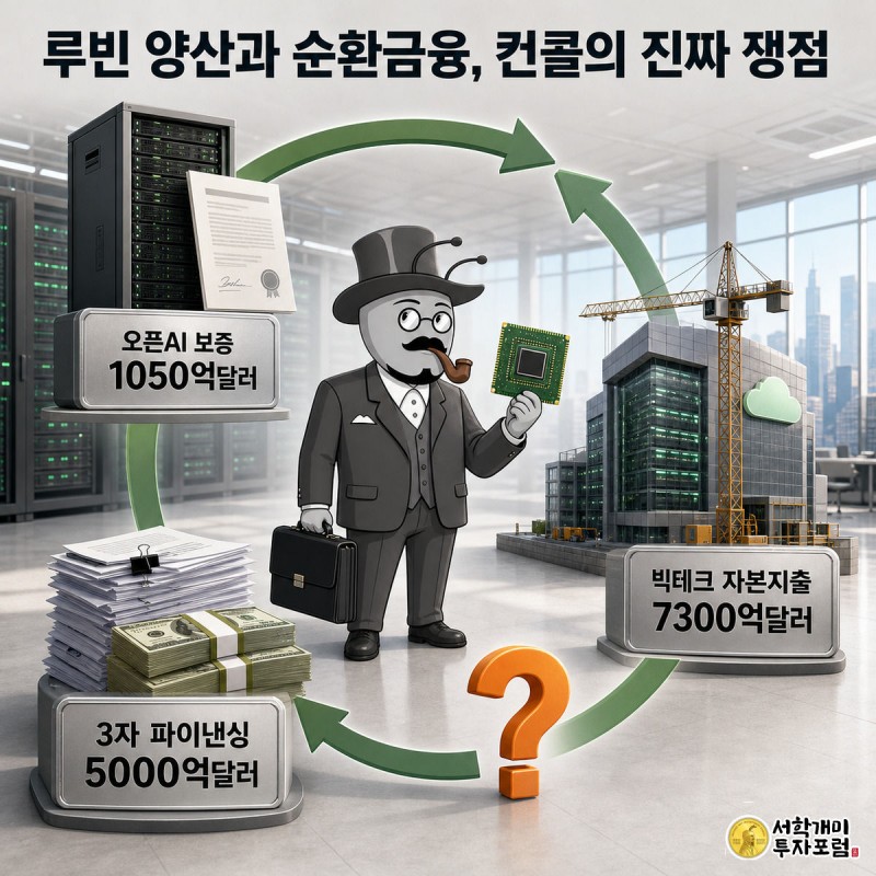 엔비디아를 중심으로 오픈AI와 빅테크 사이에 달러 화살표가 원을 그리며 도는 순환금융 구조도