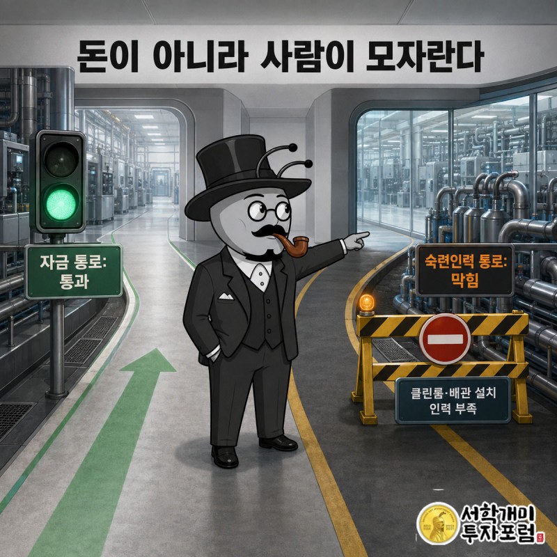 자금 통로는 초록불로 뚫려 있고 숙련인력 통로는 바리케이드로 막힌 갈림길에서 부자개미가 막힌 쪽을 가리키고 있다