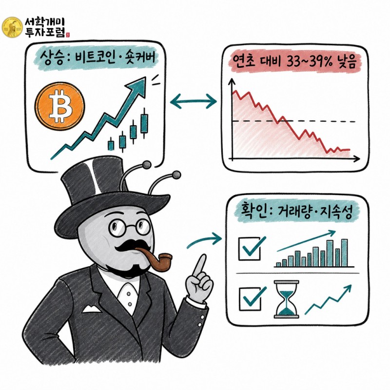비트코인과 숏커버 상승 요인 및 연초 대비 낙폭과 거래량 지속성을 설명하는 서학개미 기자