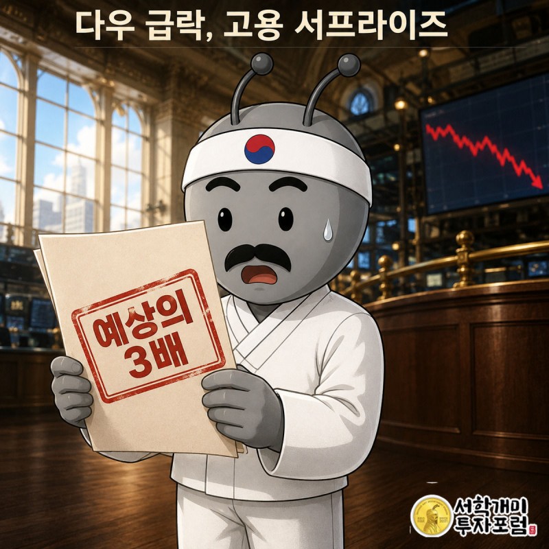 고용보고서에 찍힌 붉은 '3배' 스탬프를 보고 부자개미가 충격받은 얼굴로 서 있고 뒤로 뉴욕증권거래소 전광판의 붉은 하락선이 흐릿하게 비친다