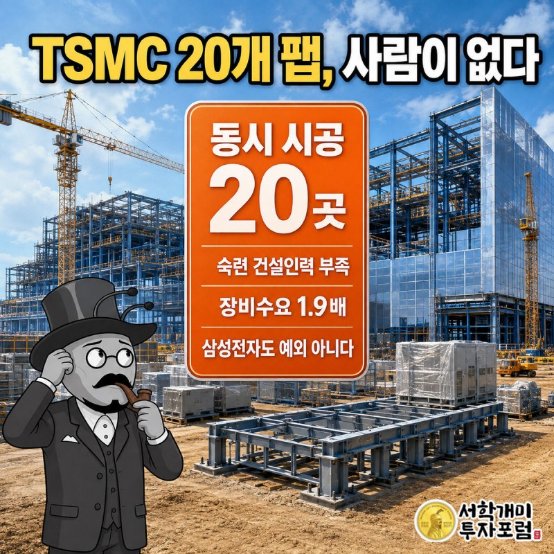 밝은 대낮 초대형 반도체 팹 공사장에서 서민개미가 텅 빈 작업대와 크레인을 올려다보며 낭패한 표정을 짓고, 화면 중앙에 '동시 시공 20곳' 수치 위젯이 떠 있다