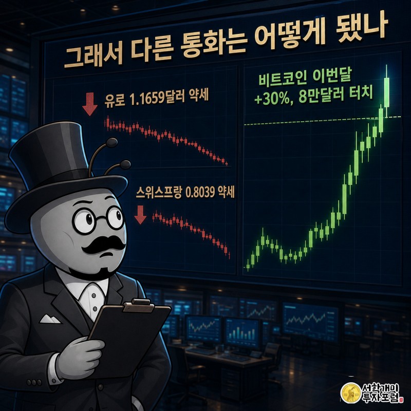 환율 전광판에서 유로와 스위스프랑의 약세를 확인하던 개미가 급등하는 비트코인 캔들차트를 보고 놀라는 그림