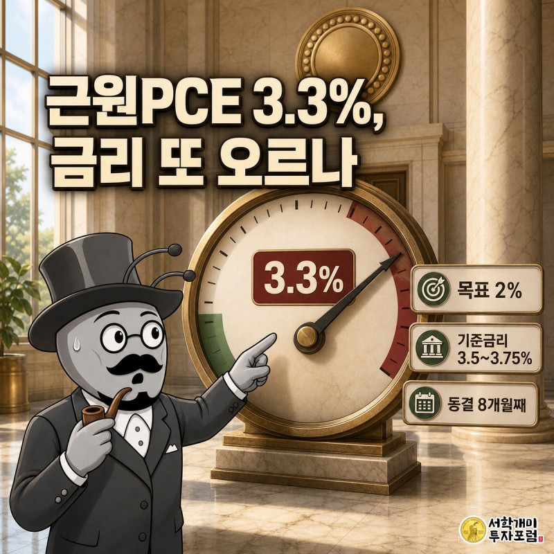 연준 건물 안 대형 게이지 바늘이 레드존 3.3%를 가리키자 개미 캐릭터가 놀란 표정으로 바늘 끝을 가리키고 있다