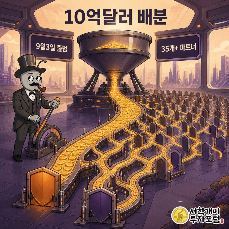 오픈AI 자금 탱크에서 금빛 자금이 컨베이어벨트를 타고 클라우드플레어·센티널원을 포함한 35개 이상 파트너 게이트로 나뉘어 흐르는 인포그래픽