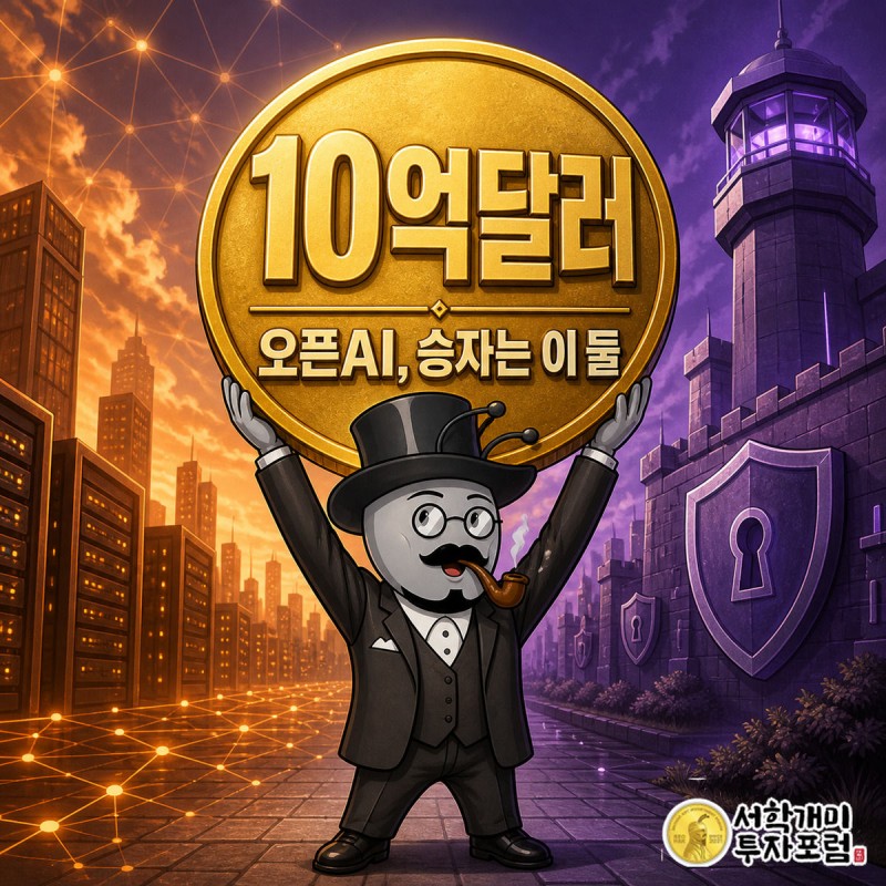 부자개미가 10억달러 동전 배지를 들어올리며 놀라 미소 짓고, 배경 좌우로 클라우드플레어와 센티널원의 실루엣이 갈려 있는 표지 이미지