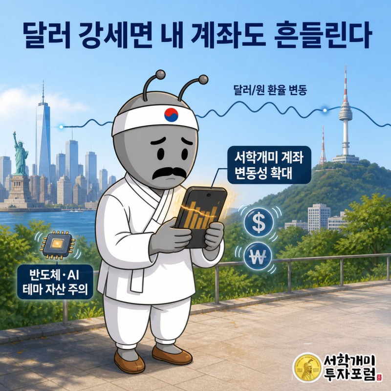 뉴욕과 서울을 잇는 빛줄기 아래 개미가 스마트폰 속 흔들리는 서학개미 계좌 잔액을 불안하게 보는 모습
