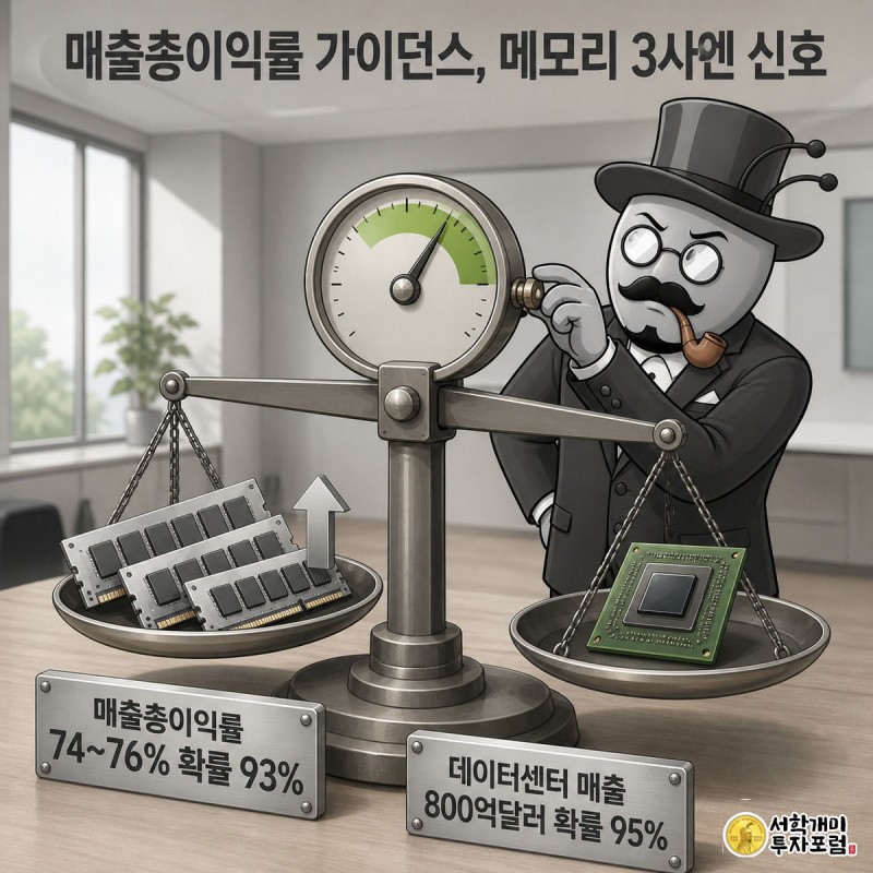 저울 위에서 메모리 칩과 엔비디아 GPU 칩이 무게를 겨루고 두 개미가 저울 눈금을 지켜보는 모습