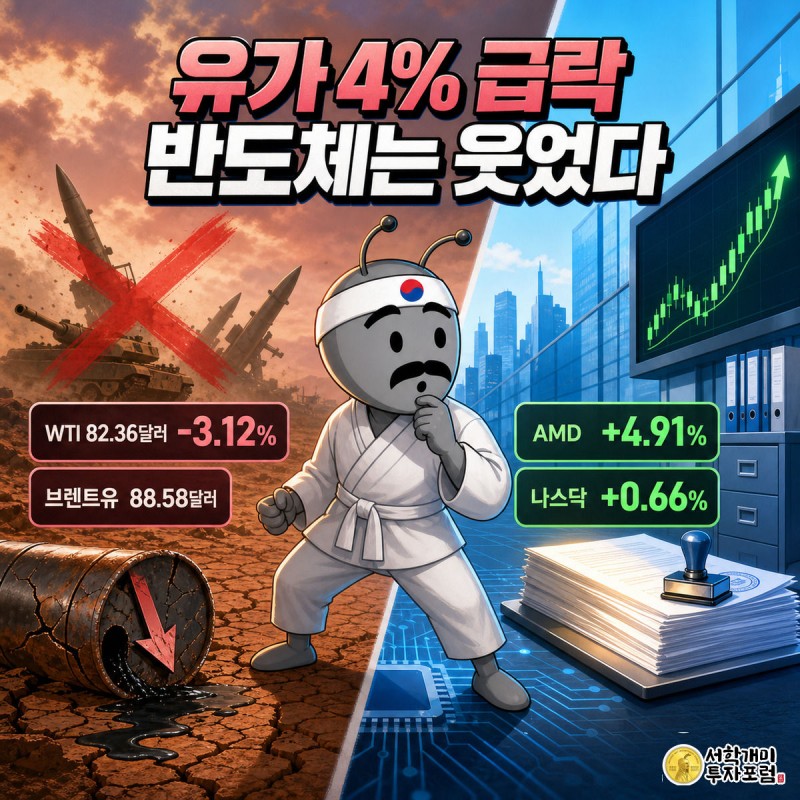개미가 군사에서 제재로 바뀌는 화면과 원유 하락, 반도체 상승을 동시에 바라보며 안도하는 표지 일러스트