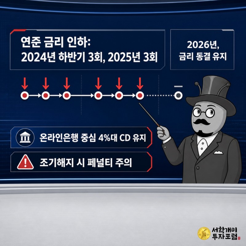 연준의 2024~2025년 금리 인하와 2026년 동결 흐름을 보여주는 타임라인 데이터 화면