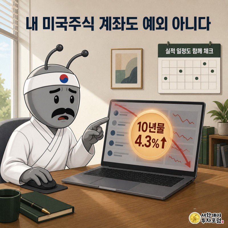 개미가 노트북 속 미국주식 계좌 화면 위로 겹쳐 떠오른 붉은 금리 곡선을 보며 불안해하는 그림