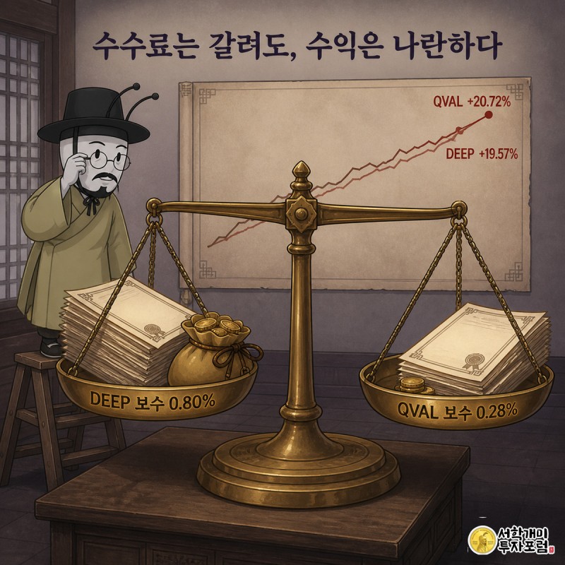개미가 저울로 DEEP과 QVAL의 운용보수와 수익률을 비교해 살펴보는 장면