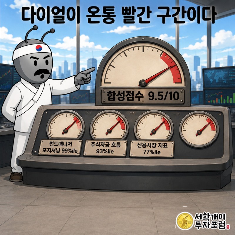 여러 다이얼 게이지 바늘이 모두 상단 위험 구간을 가리키는 가운데 합산 지표가 9.5를 나타내는 장면