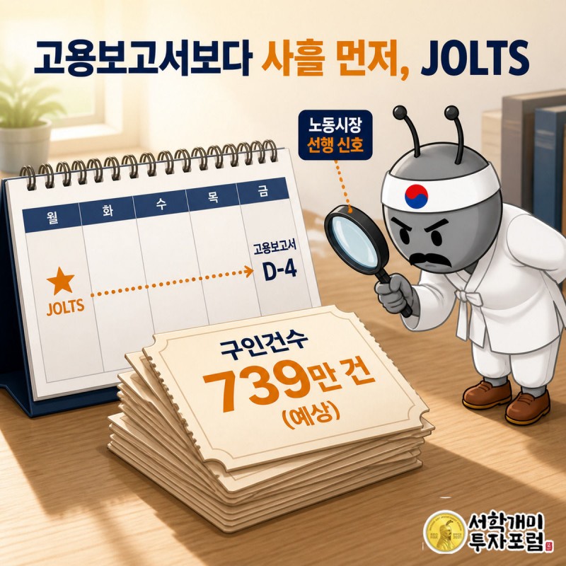 개미가 돋보기로 채용 공고 카드 더미를 살피며 JOLTS 구인건수 739만 건을 확인하는 모습
