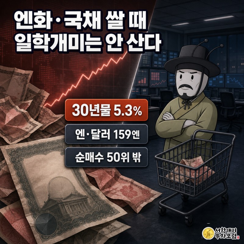 엔화 지폐와 미국채 증서가 있는 왼쪽 장면과, 반쯤 빈 장바구니 앞에서 팔짱 끼고 의심스러운 표정을 짓는 개미가 있는 오른쪽 장면이 대각선으로 나뉜 일러스트