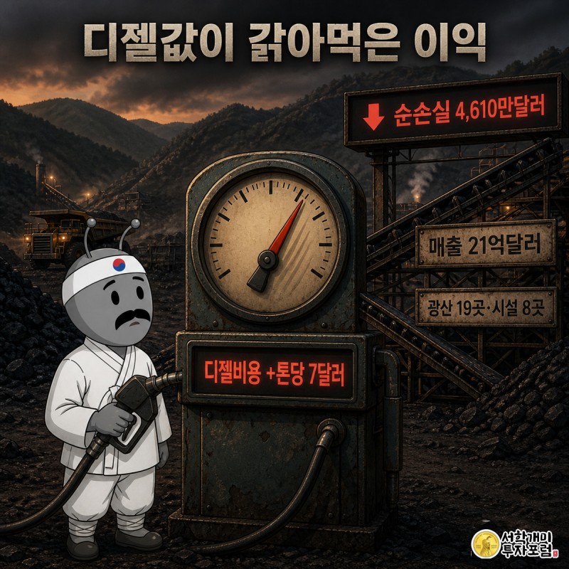 디젤 주유기 계기판 앞에서 치솟는 비용에 당혹해하는 개미와 뒤편 탄광 컨베이어벨트, 순손실 수치 배지를 함께 보여주는 장면