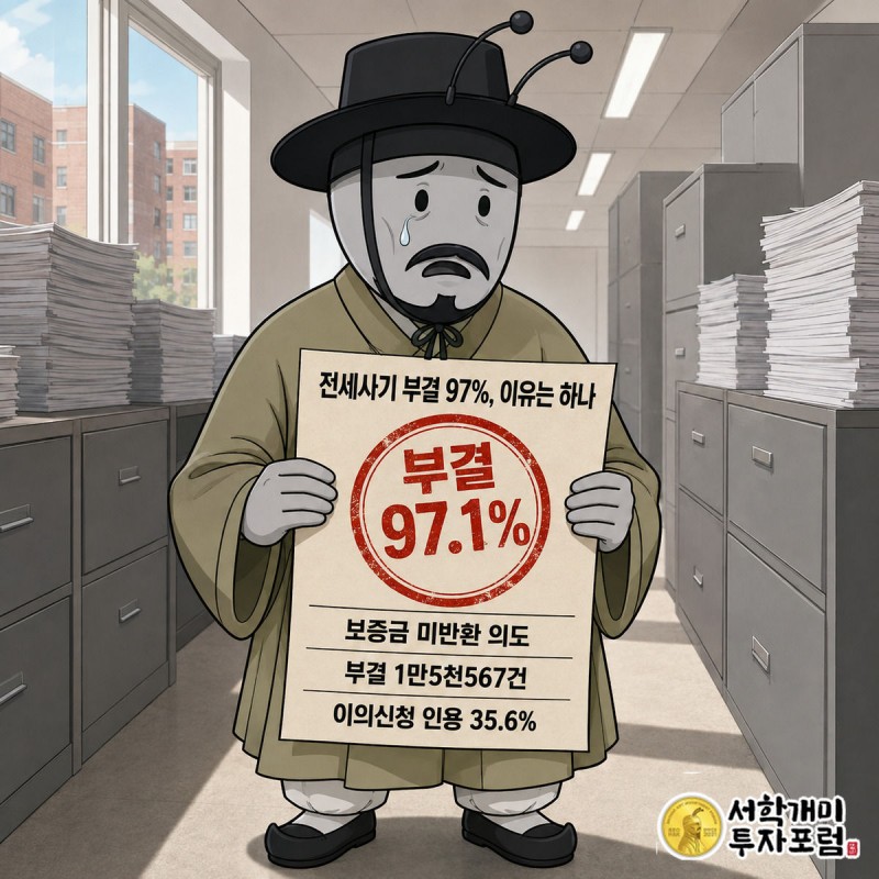 전세사기 피해 부결 통지서를 받고 낭패한 표정을 짓는 서민개미와 벽돌색 97.1% 부결 도장