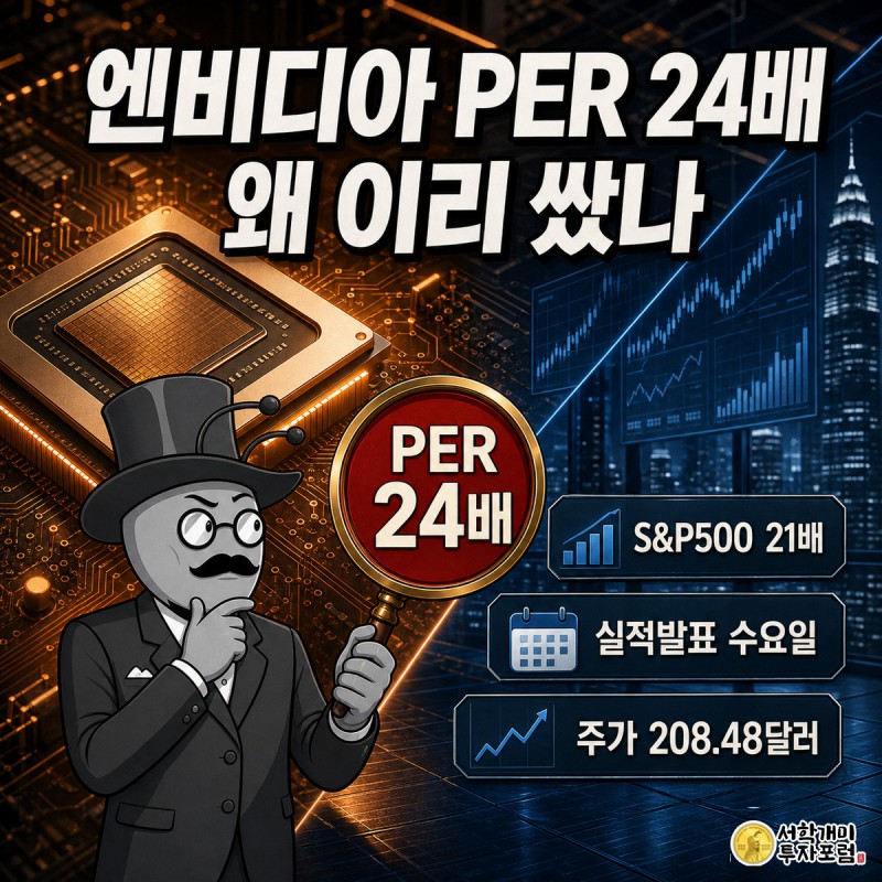 화면 왼쪽은 호박색으로 빛나는 엔비디아 GPU 칩에 개미가 '24배' 가격표를 의심스러운 표정으로 살피고, 오른쪽은 차가운 스틸블루 톤의 S&P500 지수판이 21배를 보여주는 대각선 비교 장면.