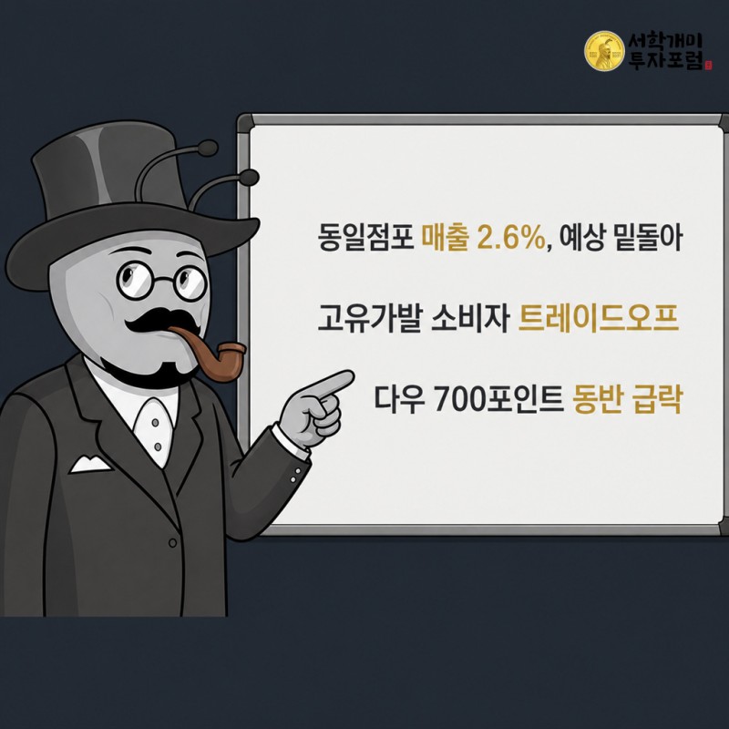 월마트 동일점포 매출 둔화, 소비자 트레이드오프, 다우 급락을 세 구역으로 설명하는 서학개미 기자