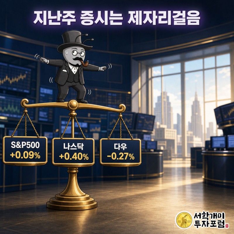 S&P500·나스닥·다우 세 지수 깃발판이 거의 수평을 이룬 저울 위에서 부자개미가 균형을 잡는 장면